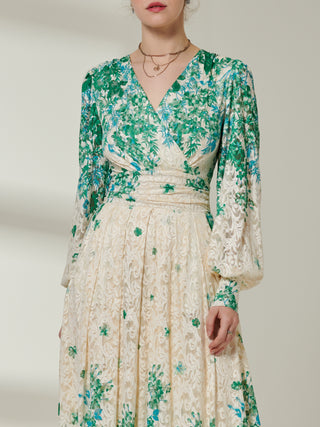 Sample Sale - Long Sleeve Lace Floral Print Dress, Green Floral