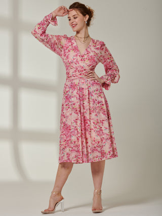 Sample Sale - Long Sleeve Floral Midi Dress, Pink Floral