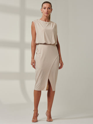 Sample Sale - Sleeveless Front Slit Dress, Cream