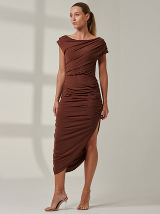 Sample Sale - Ruched Off The Shoulder Dress, Chocolate