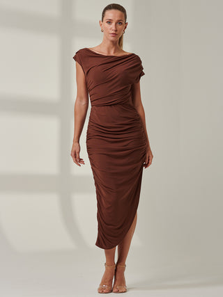 Sample Sale - Ruched Off The Shoulder Dress, Chocolate