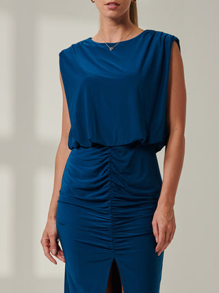 Sample Sale - Ruched Front Slit Midi Dress, Blue