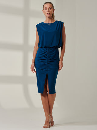 Sample Sale - Ruched Front Slit Midi Dress, Blue