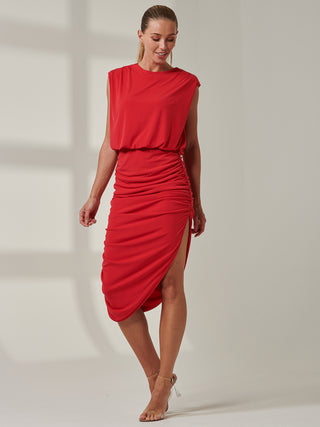 Sample Sale - Sleeveless Ruched Midi Dress, Red