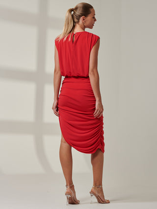 Sample Sale - Sleeveless Ruched Midi Dress, Red