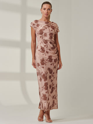 Sample Sale - Round Neck Maxi Dress, Brown Floral