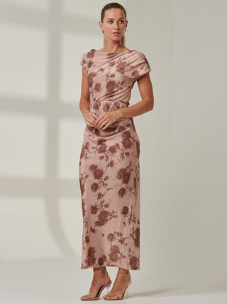 Sample Sale - Round Neck Maxi Dress, Brown Floral