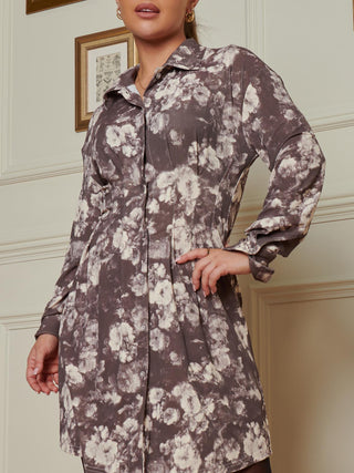 Sample Sale - Long Sleeve Floral Shirt Dress, Brown Abstract