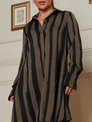 Sample Sale -  Long Sleeve Shirt Dress, Brown Stripes