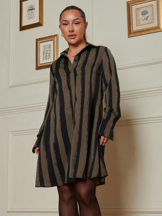 Sample Sale -  Long Sleeve Shirt Dress, Brown Stripes