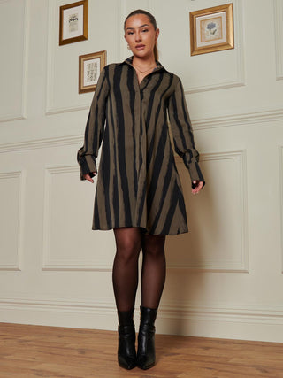 Sample Sale -  Long Sleeve Shirt Dress, Brown Stripes