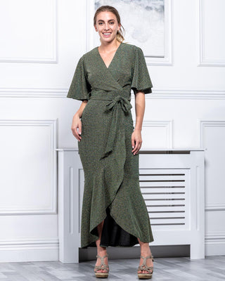 Sample Sale - Wrap Shimmer Midi Dress, Sage Green
