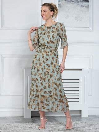 Sample 1/2 Sleeve Pleated Maxi Dress, Blue Pattern