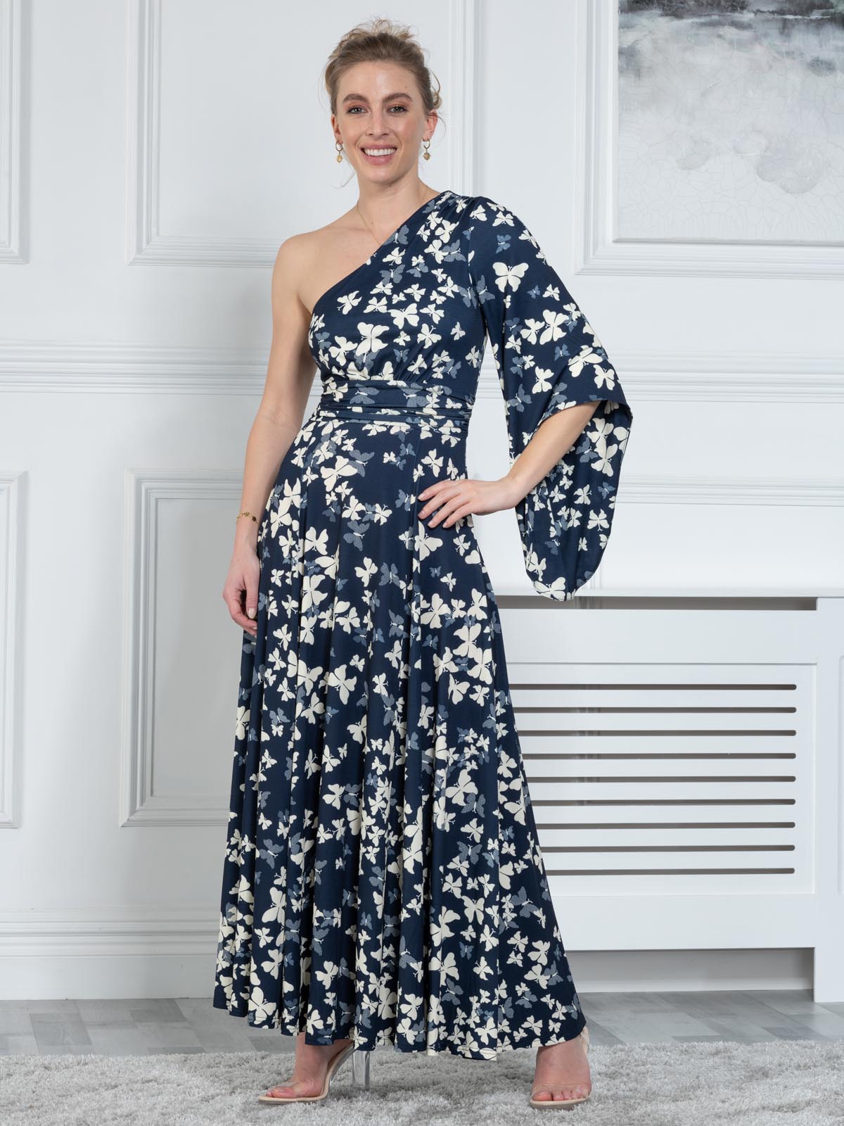 Navy one shoulder maxi cheap dress