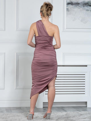 Sample One Shoulder Ruched Midi Dress, Dusty Purple