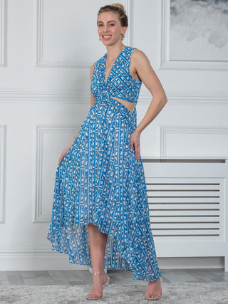 Sample O-Ring Twist Cutout Dress, Blue Geo