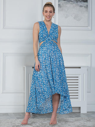 Sample O-Ring Twist Cutout Dress, Blue Geo