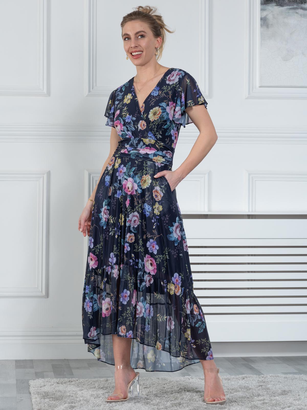 Navy blue outlet floral print dress