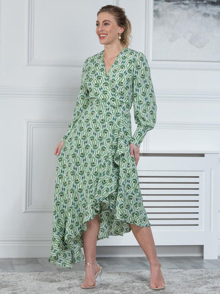 Sample Long Sleeve Front Wrap Dress, Green Geo