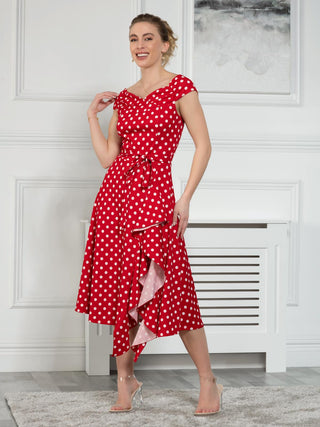 Sample Sale - Tie Waist Midi Dress, Red Polka