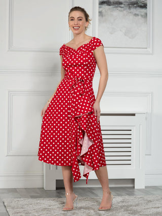 Sample Sale - Tie Waist Midi Dress, Red Polka