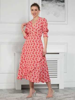 Sample Sale - Wrap Midi Dress, Red Geometric