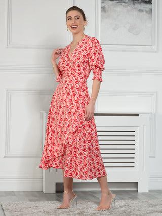 Sample Sale - Wrap Midi Dress, Red Geometric