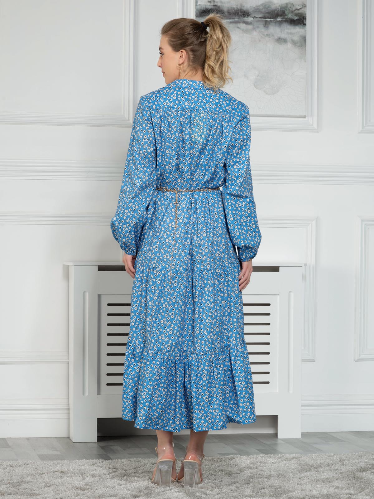 Blue floral long hot sale sleeve wrap dress