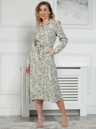 Sample Sale - Long Sleeve Shirt Midi Dress, Mint Floral