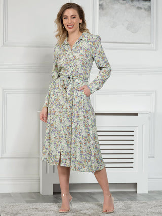 Sample Sale - Long Sleeve Shirt Midi Dress, Mint Floral