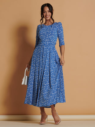 Kimber Jersey pleated Maxi Dress, Blue Floral