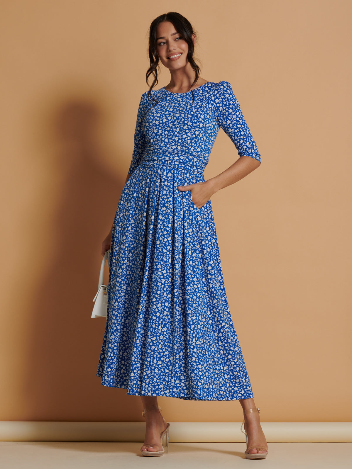 Dusty blue floral on sale pleated midi dress