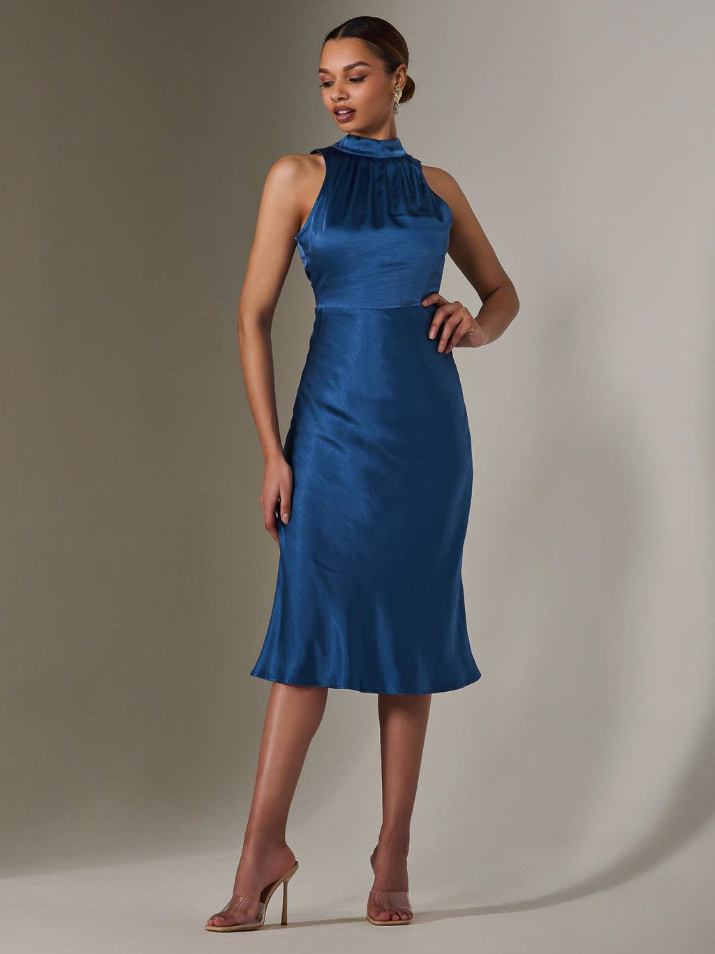 Satin Halter Neck Midi Dress, Navy – Jolie Moi Retail