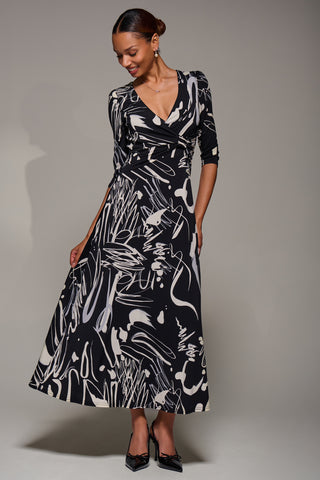 Jersey Ruched Waist Fit & Flare Maxi Dress, Black Abstract