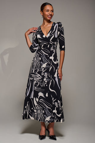 Jersey Ruched Waist Fit & Flare Maxi Dress, Black Abstract