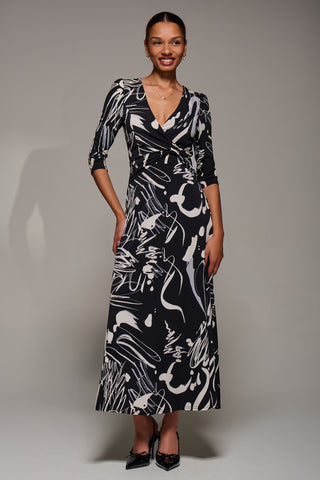Jersey Ruched Waist Fit & Flare Maxi Dress, Black Abstract