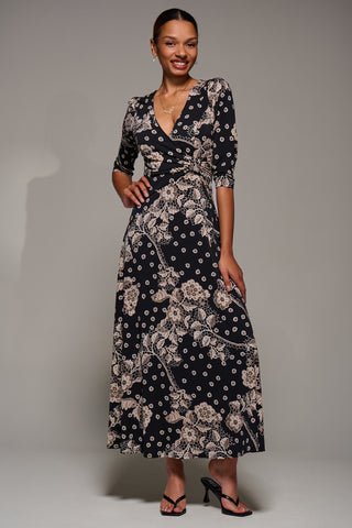 Jersey Ruched Waist Fit & Flare Maxi Dress, Black Floral