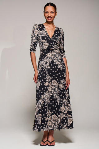 Jersey Ruched Waist Fit & Flare Maxi Dress, Black Floral