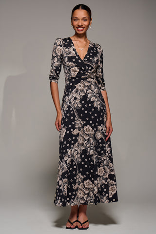 Jersey Ruched Waist Fit & Flare Maxi Dress, Black Floral