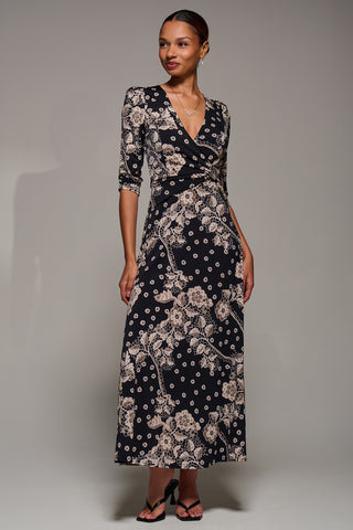 Jersey Ruched Waist Fit & Flare Maxi Dress, Black Floral