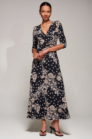 Jersey Ruched Waist Fit & Flare Maxi Dress, Black Floral