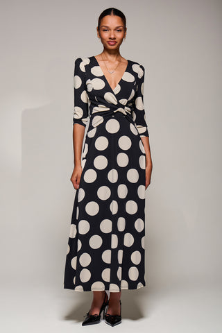Jersey Ruched Waist Fit & Flare Maxi Dress, Black Polka Dot