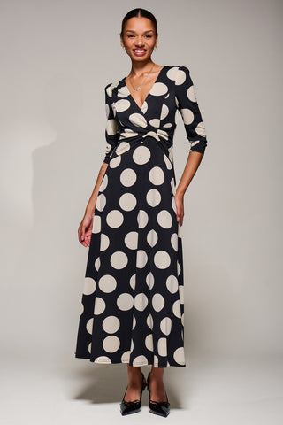 Jersey Ruched Waist Fit & Flare Maxi Dress, Black Polka Dot