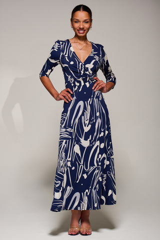 Jersey Ruched Waist Fit & Flare Maxi Dress, Navy Abstract