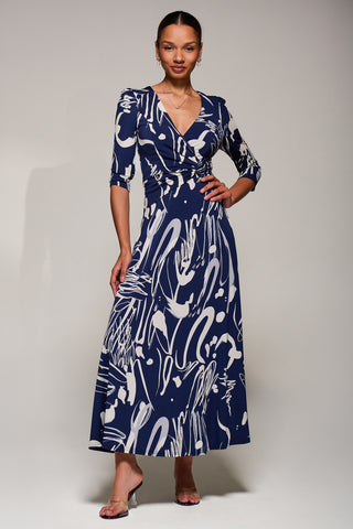 Jersey Ruched Waist Fit & Flare Maxi Dress, Navy Abstract