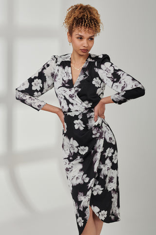 Satin Floral Shirt Dress, Black Floral