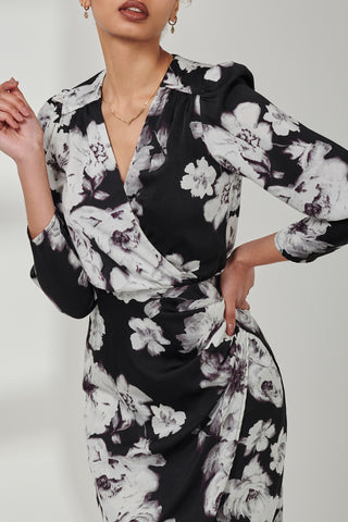 Satin Floral Shirt Dress, Black Floral