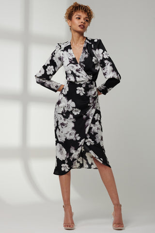 Satin Floral Shirt Dress, Black Floral