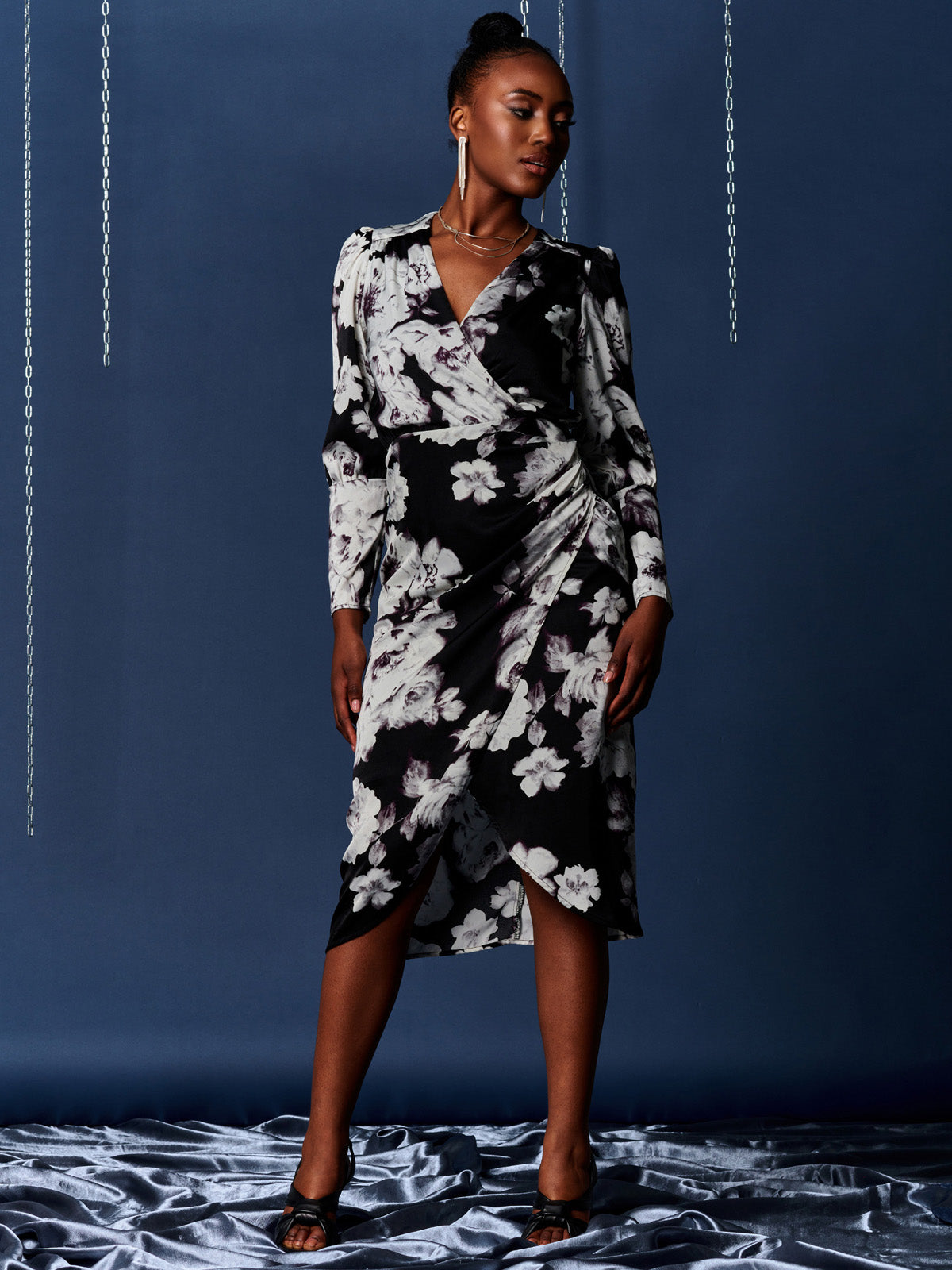 Black print wrap store dress