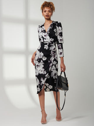 Print Satin Wrap Bodycon Dress, Black Floral